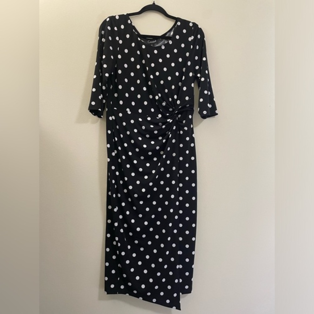 NWT Connected Apparel Polka Dot Faux Wrap Midi Dress‎ in Black and White - 10